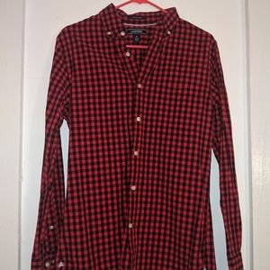 Lands End Gingham Button Up Long Sleeve Red Black Checkered